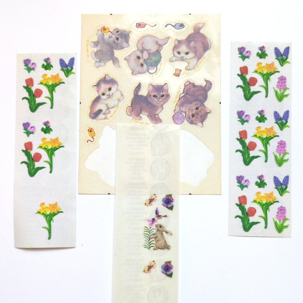Vintage 80s Sandylion / Hallmark Fuzzy Stickers Cat Bunny Flower Lot